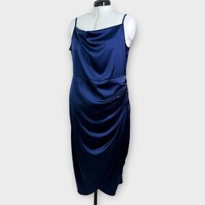 Satin Slip Dress Size 2XL Midnight Blue Cowl Neck Ruched Romantic Feminine Event